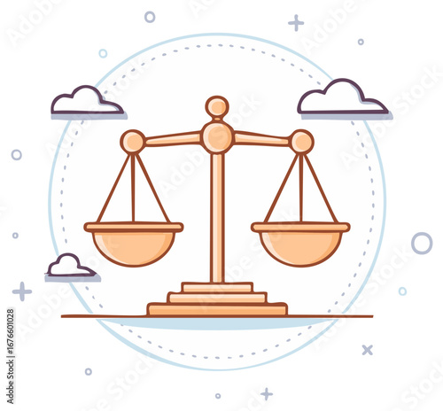 Balanced scales of justice symbol flat line art illustration