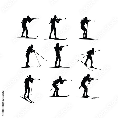 Silhouettes of Biathlon Athletes Skiing and Shooting – Vector Set