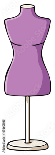 Cartoon illustration of a purple dress form or tailors dummy on a stand for sewing and fashion design