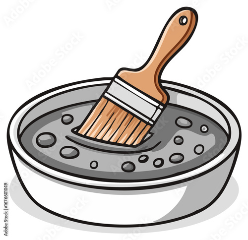 Paintbrush dipped in grey paint in a white bowl with ripples