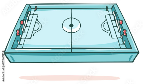 Cartoon foosball table with blue surface and red players on white background