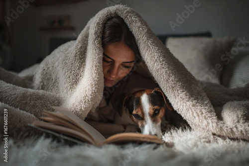 cozy indoor setting where girl and her dog snuggle under warm blanket filled with comfort
