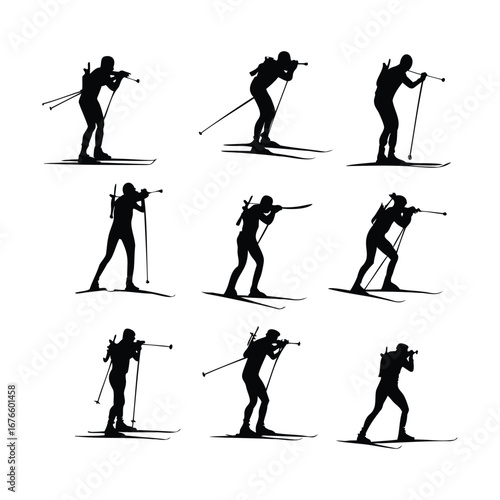 Silhouettes of Biathlon Athletes Skiing and Shooting – Vector Set