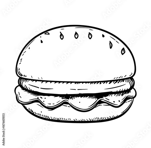 Hand-Drawn Sketch of a Classic Hamburger with Sesame Seed Bun