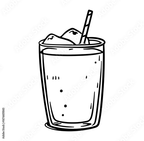 Refreshing Cold Drink with Ice Cubes and Straw in a Clear Glass