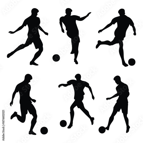 Silhouettes of Male Soccer Players with Ball – Vector Illustration Set