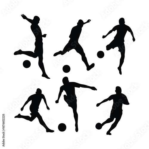 Silhouettes of Male Soccer Players with Ball – Vector Illustration Set