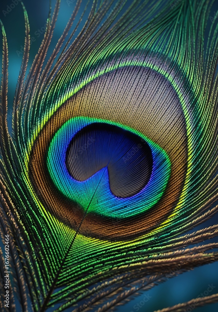 Obraz premium Closeup of a vibrant peacock feather with intricate eye pattern and iridescent colors, showcasing natural beauty and detail