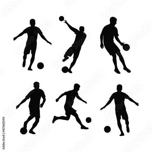 Silhouettes of Male Soccer Players with Ball – Vector Illustration Set