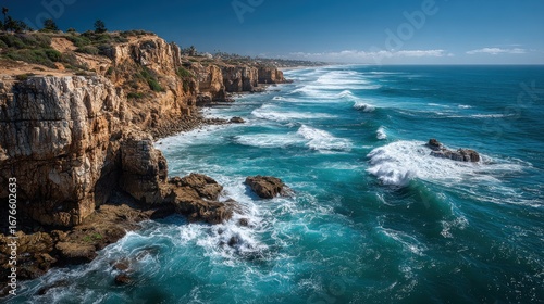 Waves crashing against rocky cliffs coastal area landscape photography natural environment aerial view ocean beauty