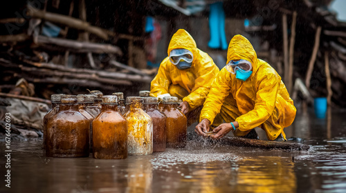 Survivors collecting rainwater in containers while wearing protective gear testing water for contamination makeshift filtration systems