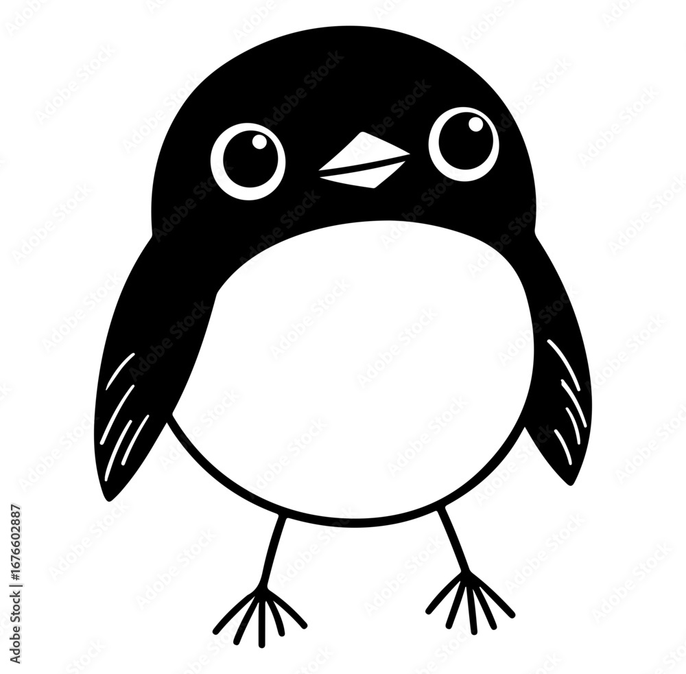 Obraz premium This adorable cartoon bird features a black and white design, making it perfect for children's art, educational materials, or playful illustrations.