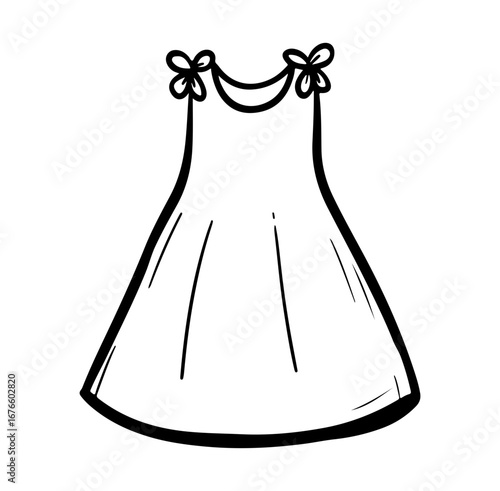 A charming line art illustration of a children's dress design, featuring simple lines and bows. Perfect for fashion sketches and creative projects.