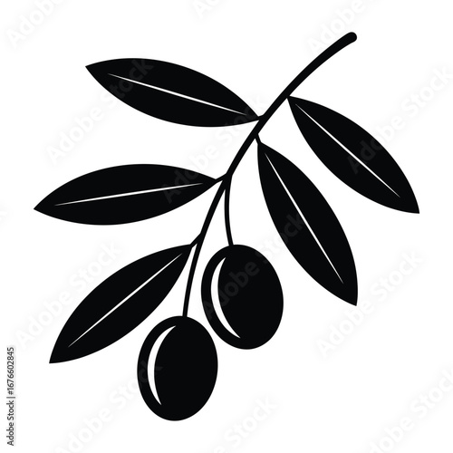 Simple black and white illustration of an olive branch with two olives and green leaves