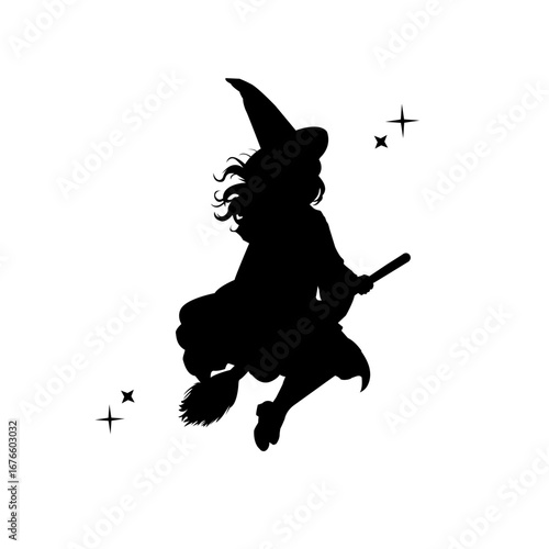 Witch Silhouette on Broomstick with Stars Vector Isolated Design