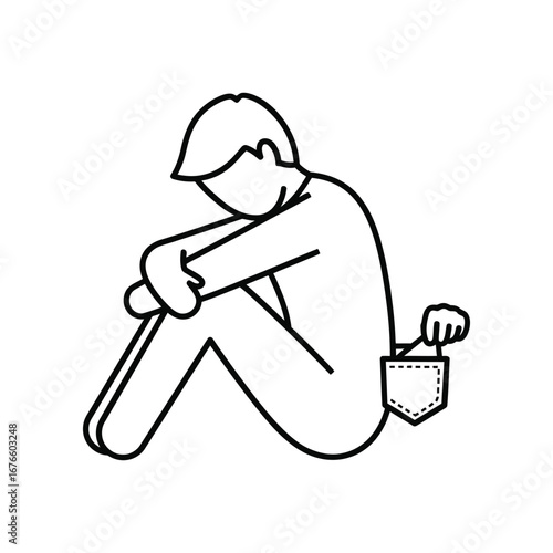 Hidden: Illustration showing an individual in despondency, their pocket discreetly targeted. A stark representation, the artwork portrays elements of dejection and stealth.