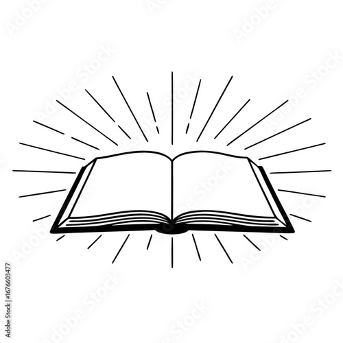 Open book icon with rays of light shining outwards. Education, law, sacred knowldge, wisdom, religion spirituality, inspiration, heritage, magic, fantasy, truth, Holy Bible, Torah, Vedas, scripture