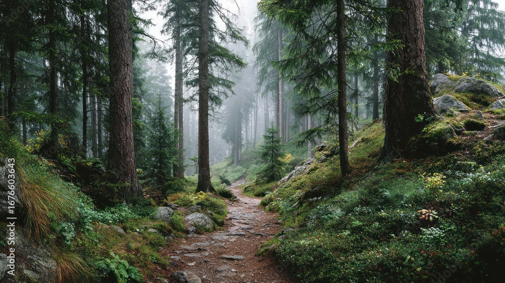 Obraz premium Exploring tranquil forest trails nature landscape serene environment peaceful viewpoint outdoor concept