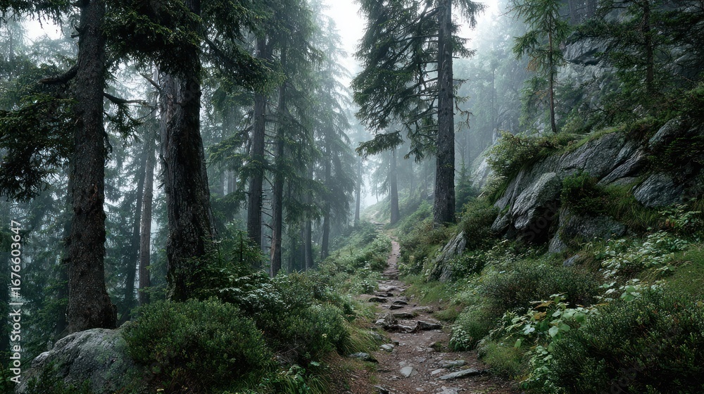 Fototapeta premium Misty forest trail adventure mountain region nature photography serene environment eye-level view tranquility concept