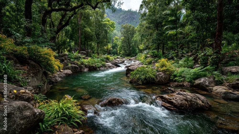 Fototapeta premium Scenic river flowing through lush green forest nature photography peaceful environment aerial view