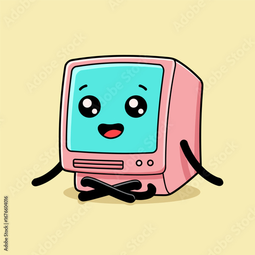 Cute retro computer mascot with pink casing and turquoise screen sits cross-legged, smiling warmly with expressive eyes and blushing cheeks on a cheerful yellow background.