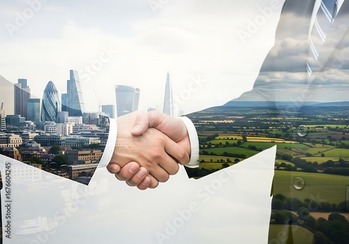 Double exposure of a business handshake over a city skyline and green countryside, representing partnership and growth