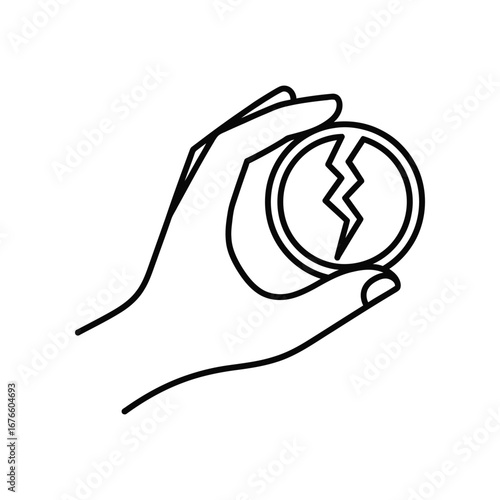 Coin destruction: A hand delicately holds a cracked coin in a stark black and white illustration, symbolizing fragility and economic precarity.
