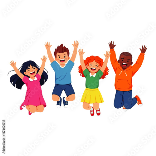 A diverse group of happy multicultural children jumping for joy with their arms raised. Cheerful cartoon kids celebrating friendship and success together