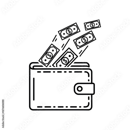 Money Flowing Out of Wallet: An illustrated representation of money bills flowing out of a wallet, symbolizing financial concepts. 