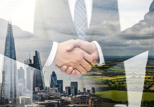 Double exposure of a business handshake over a cityscape and green landscape