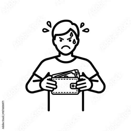 Financial Strain Illustration: A line art illustration captures the palpable anxiety of economic hardship, the person tightly gripping a wallet as sweat beads on their brow