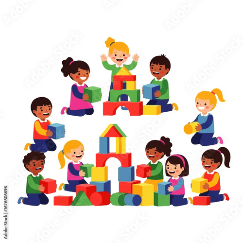 A diverse group of happy preschool children, boys and girls, playing together with colorful toy building blocks, constructing towers and having fun