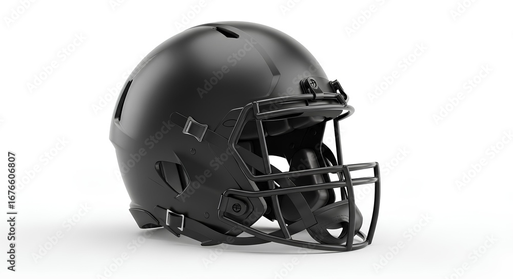 Fototapeta premium Sleek matte black American football helmet with a matching facemask, isolated on a clean white background for sports and design concepts