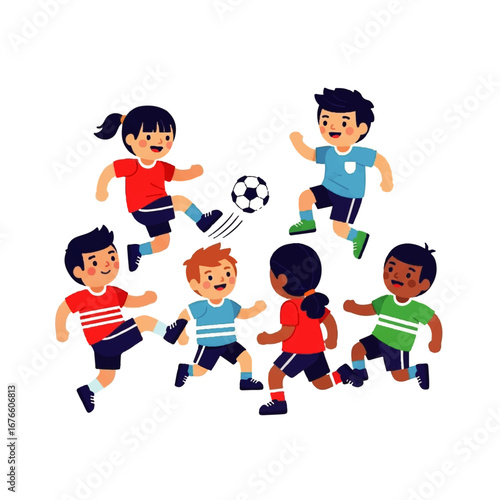 Happy multicultural children playing a soccer game together. Cartoon vector illustration of a diverse group of kids enjoying a football match