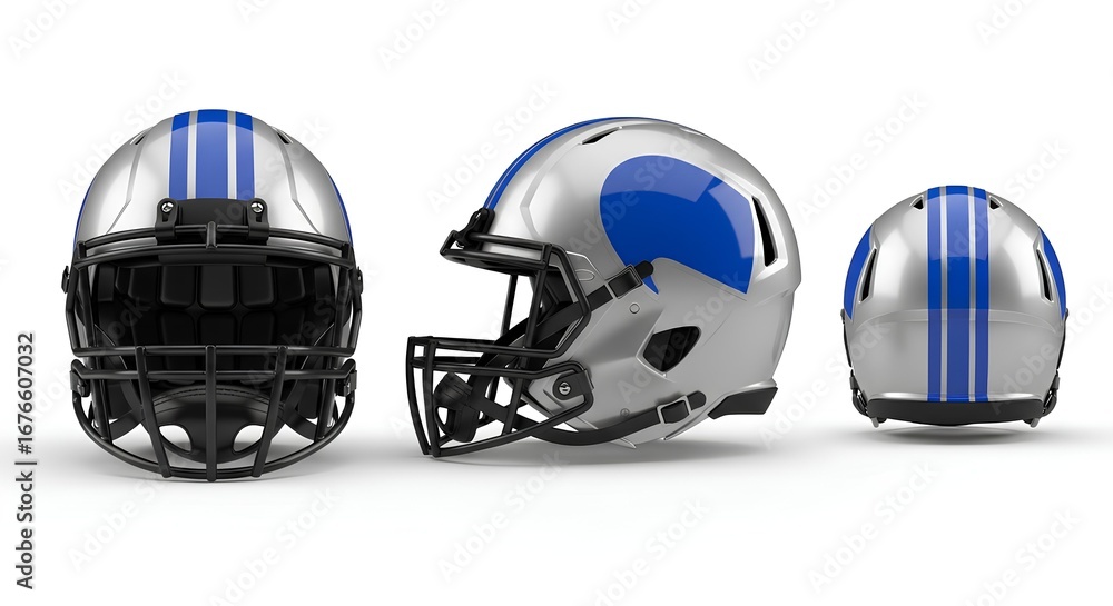 Fototapeta premium A modern silver and blue athletic football helmet shown from multiple angles, symbolizing team competition and player protection on game day