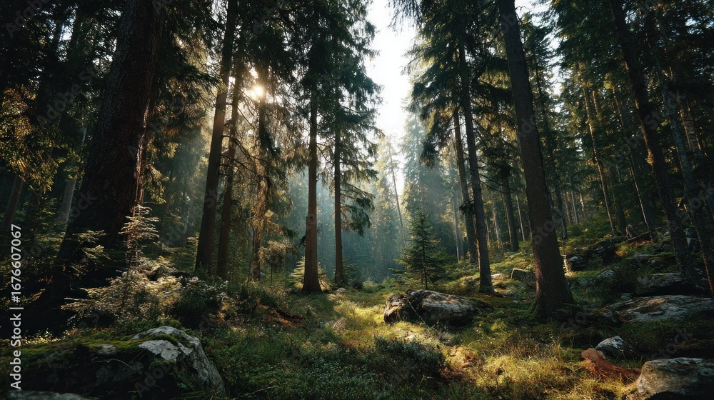 Obraz premium Exploring tranquil forests nature landscape serene environment morning light peaceful concept