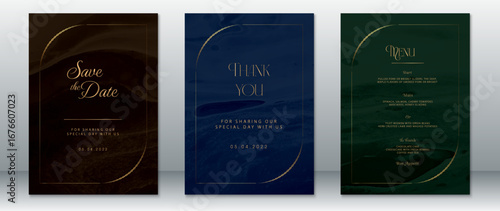 Sophisticated wedding stationery set featuring dark brown, navy blue, and deep green backgrounds with gold accents. Includes save the date, thank you card, and menu.