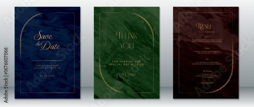 Luxurious wedding invitation set with gold rope frame on dark marble backgrounds in navy, green, and wine tones. Includes save the date, thank you card, and dinner menu.