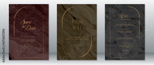 Luxurious wedding invitation set featuring gold rope frame on dark marble backgrounds in rich jewel tones. Includes save the date, thank you card, and dinner menu.