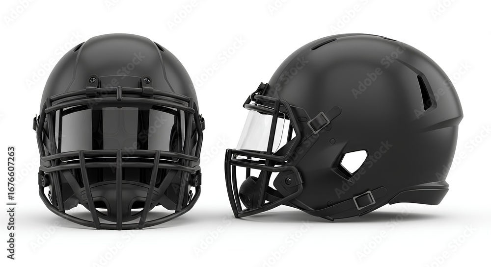Fototapeta premium Two sleek, matte black American football helmets displayed against a pristine white background, showcasing their protective design and athletic gear aesthetics for sports and safety