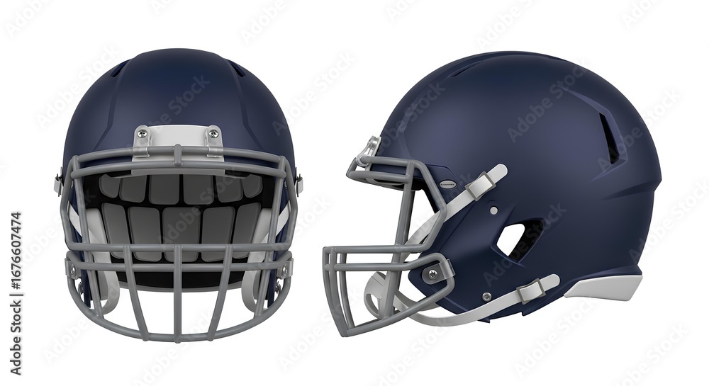 Naklejka premium A blank navy blue football helmet shown in front and side profile views, perfect for team branding mockups, isolated on a white background