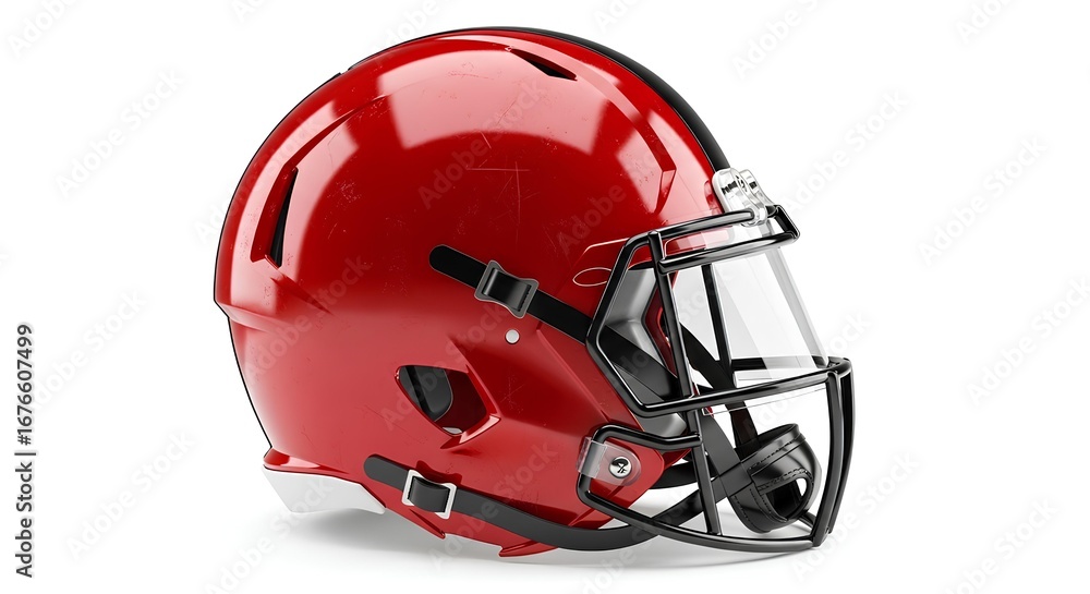 Fototapeta premium Side profile of a glossy red American football helmet with a black facemask and clear visor isolated on a plain white background