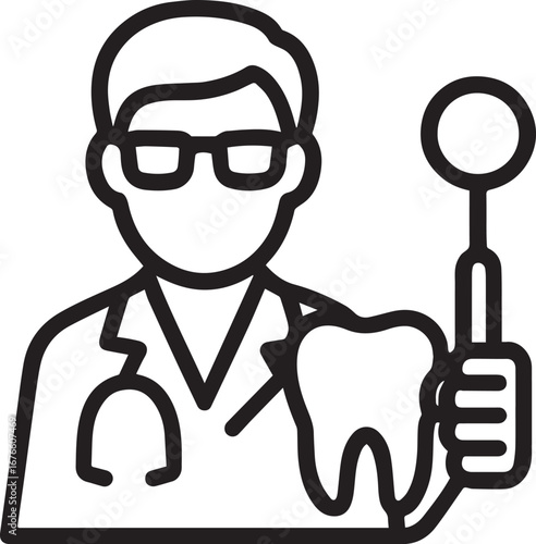 Dentist with tooth and dental mirror line icon vector icon