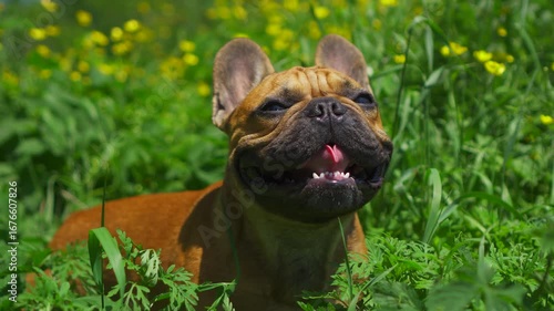 French Bulldog smiling among yellow dandelions in sunny meadow. Close-up of happy Bulldog smiling among yellow dandelion. Professional footage for pet product marketing and animal-themed projects
