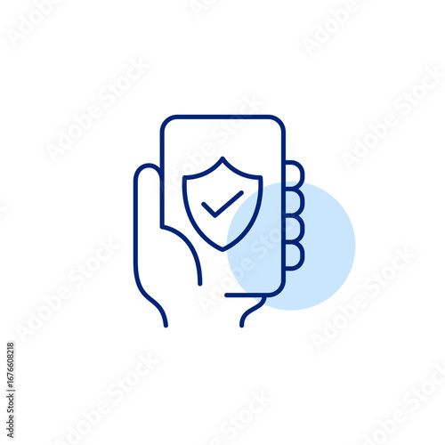 Secure online activity, verified user access, trusted remote work, protected browsing, approved device usage. Shield, checkmark and phone. Pixel perfect, editable stroke vector icon
