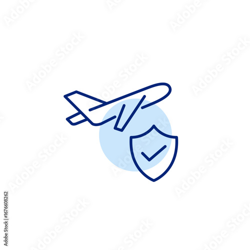Plane taking off, shield and checkmark. Authenticated travel service, compliant air operations, reliable flight protection. Pixel perfect, editable vector icon