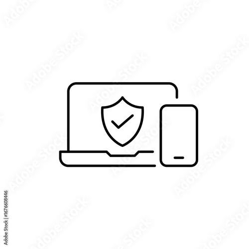 Verified device security, trusted laptop and phone protection, secure computing and communication, approved system access. Pixel perfect, editable stroke vector icon