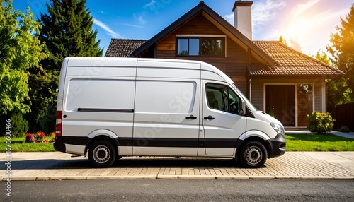 White delivery cargo van parked on a suburban street in front of a modern house, concept of home logistics and moving services.