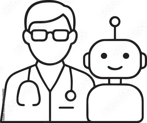 Doctor with AI robot assistant line icon vector icon on white background.