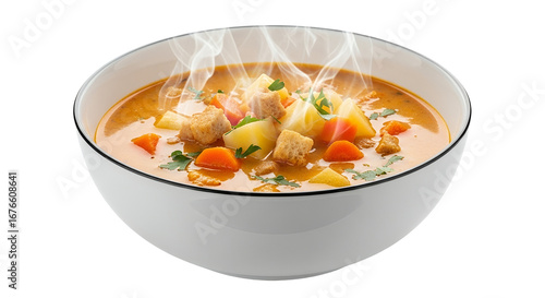 Hearty Steaming Vegetable Soup with Fresh Croutons